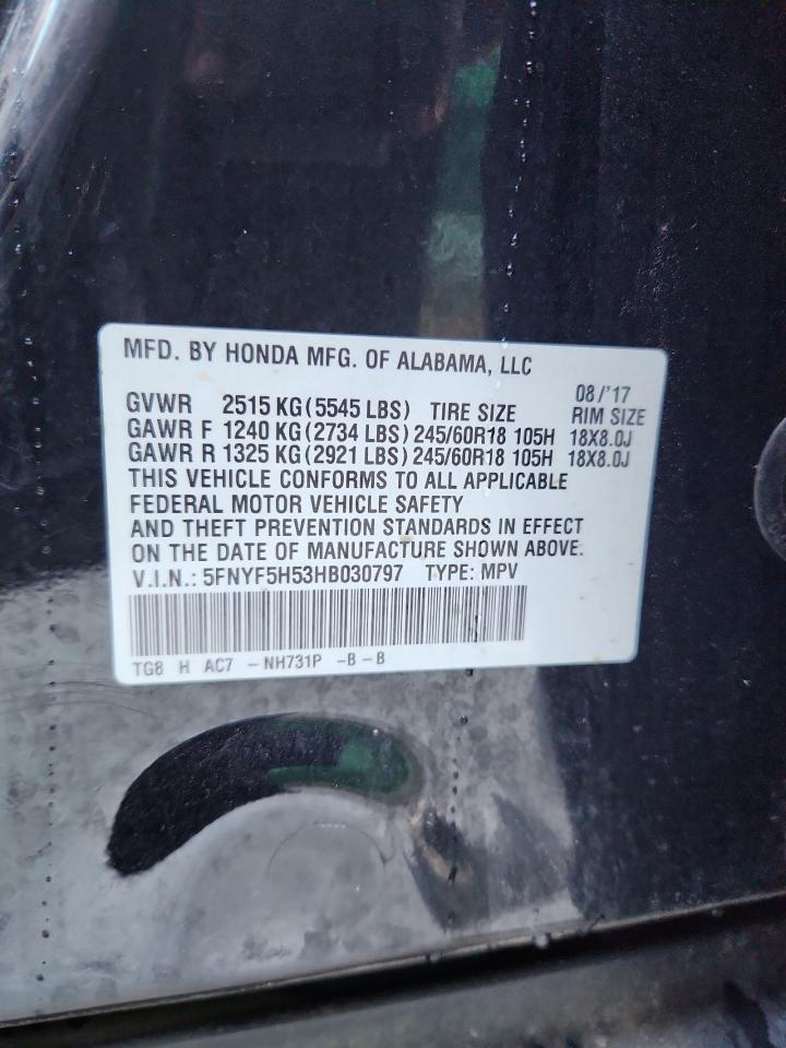 2017 Honda Pilot Exl VIN: 5FNYF5H53HB030797 Lot: 93562405