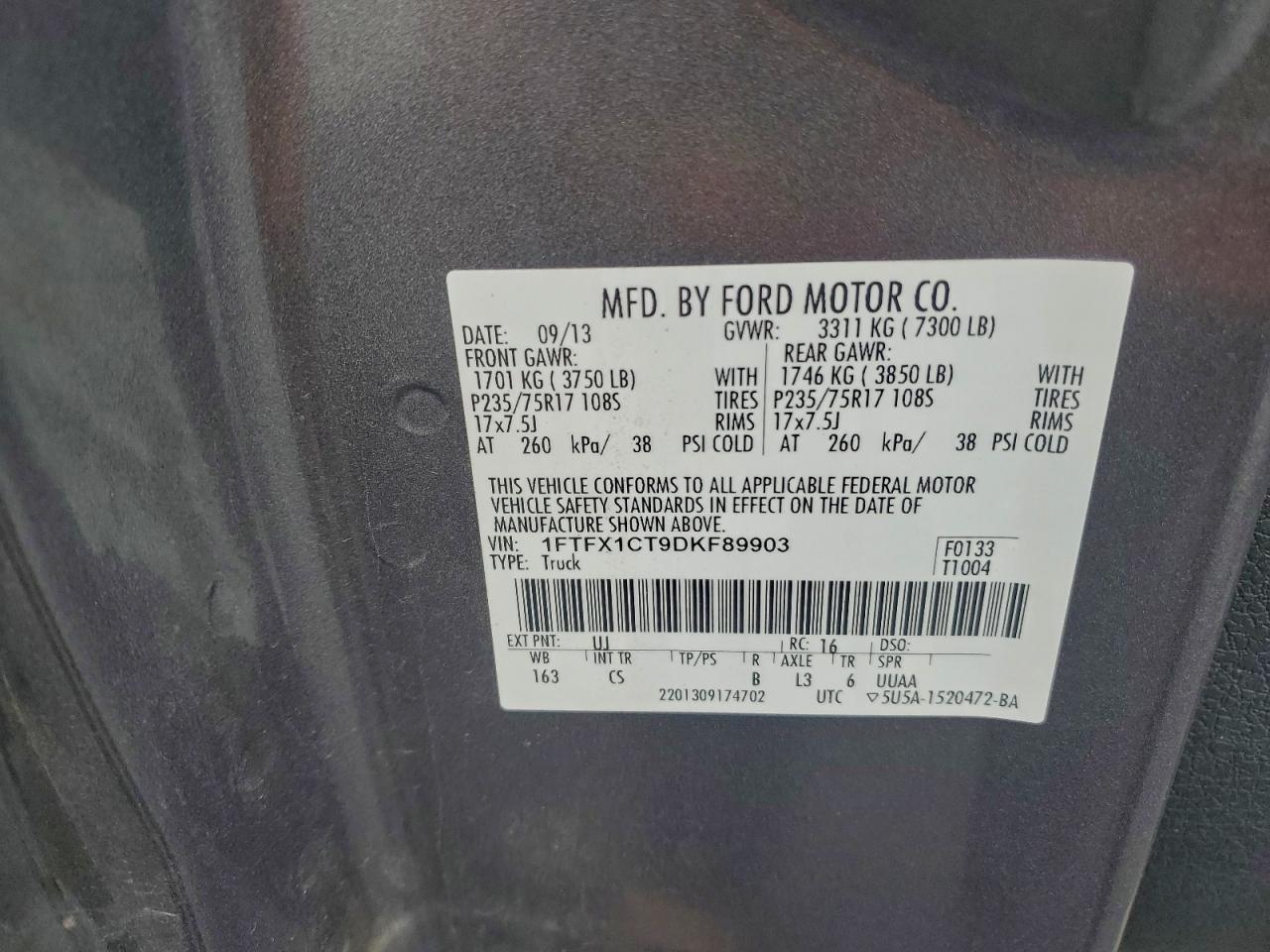 2013 Ford F150 Super Cab VIN: 1FTFX1CT9DKF89903 Lot: 93929135