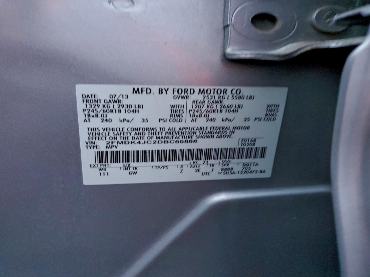 2013 Ford Edge Sel VIN: 2FMDK4JC2DBC66888 Lot: 94301495