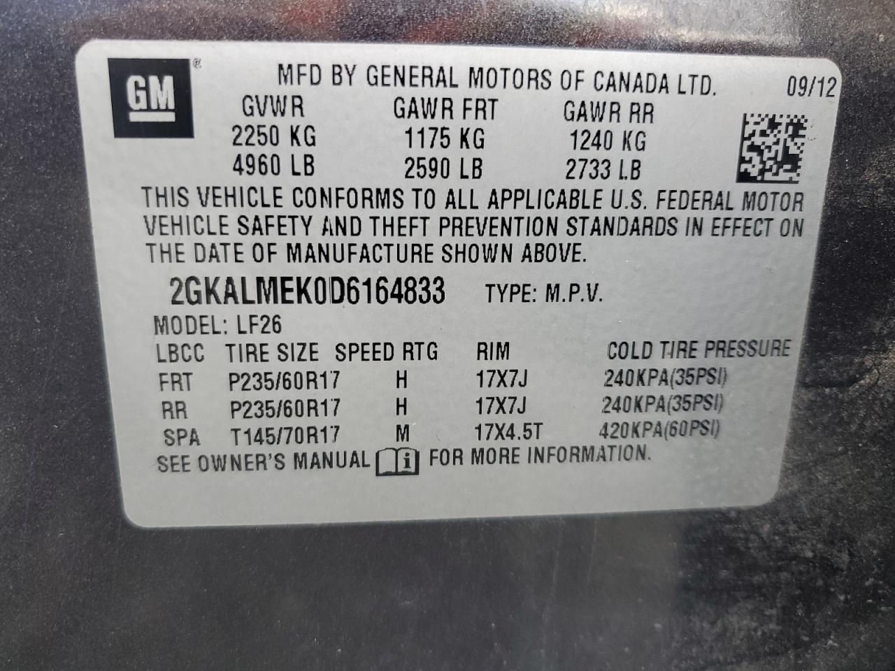 2013 GMC Terrain Sle VIN: 2GKALMEK0D6164833 Lot: 90610375