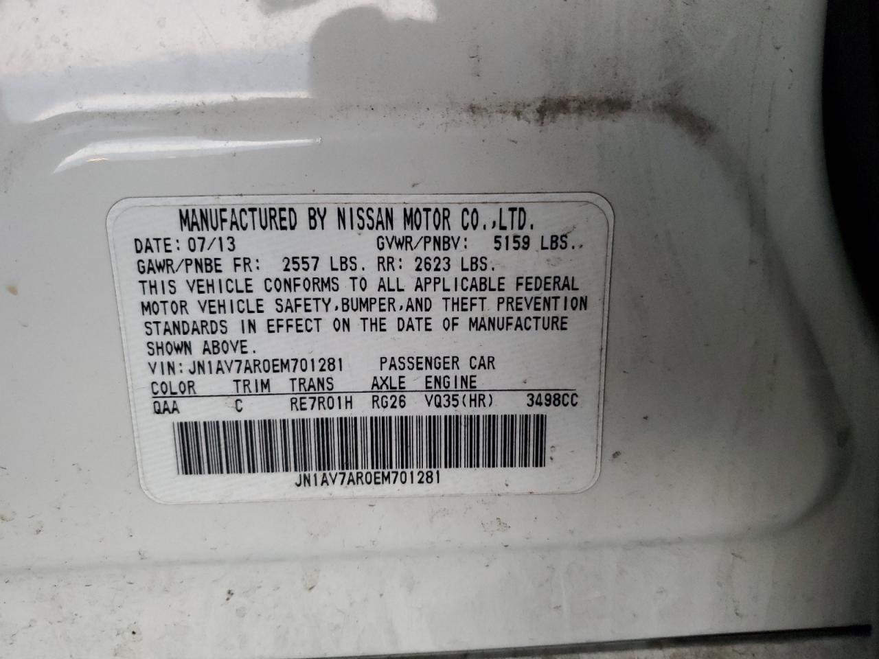 2014 Infiniti Q50 Hybrid Premium VIN: JN1AV7AR0EM701281 Lot: 91146875