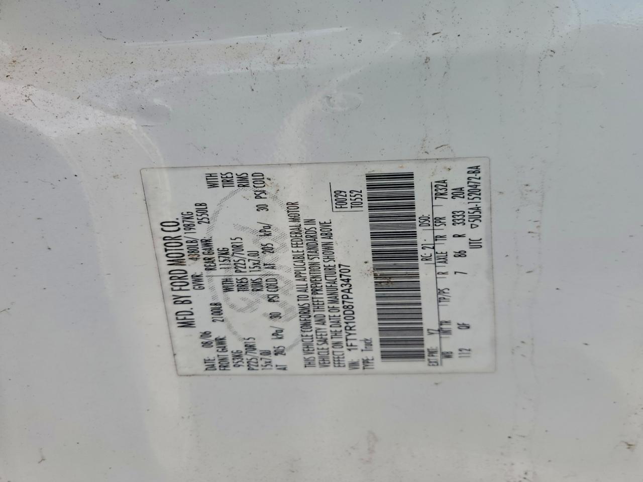 2007 Ford Ranger VIN: 1FTYR10D87PA34707 Lot: 94412375