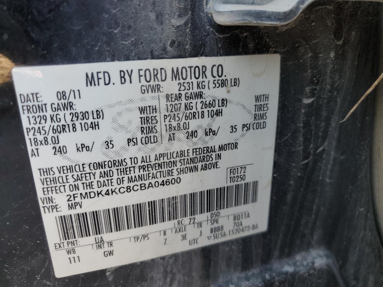 2012 Ford Edge Limited VIN: 2FMDK4KC8CBA04600 Lot: 91453115