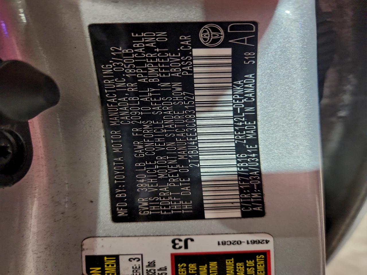 2012 Toyota Corolla Base VIN: 2T1BU4EE3CC831527 Lot: 93505345