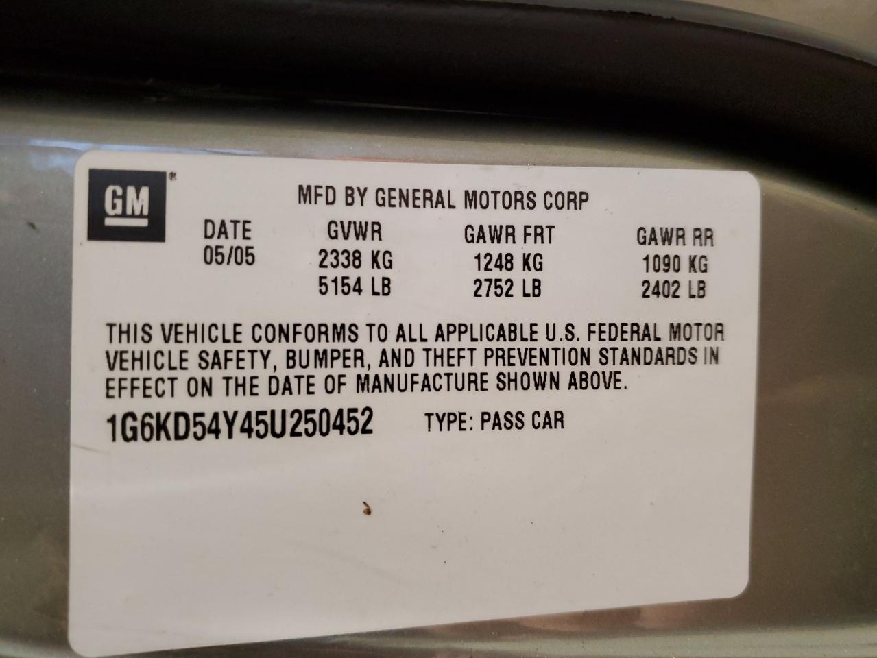 2005 Cadillac Deville VIN: 1G6KD54Y45U250452 Lot: 92297785