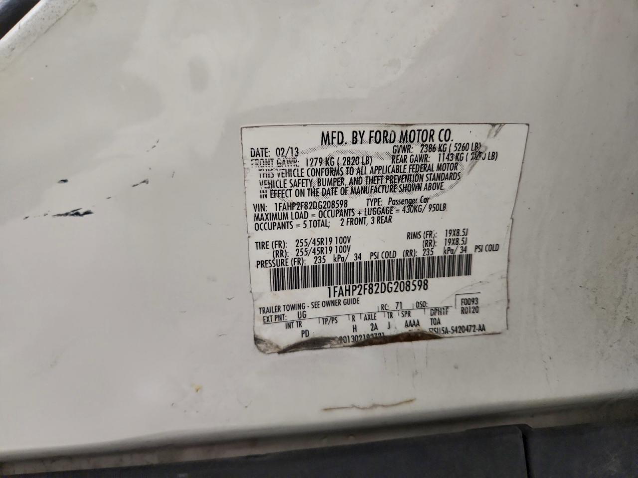 2013 Ford Taurus Limited VIN: 1FAHP2F82DG208598 Lot: 94337015