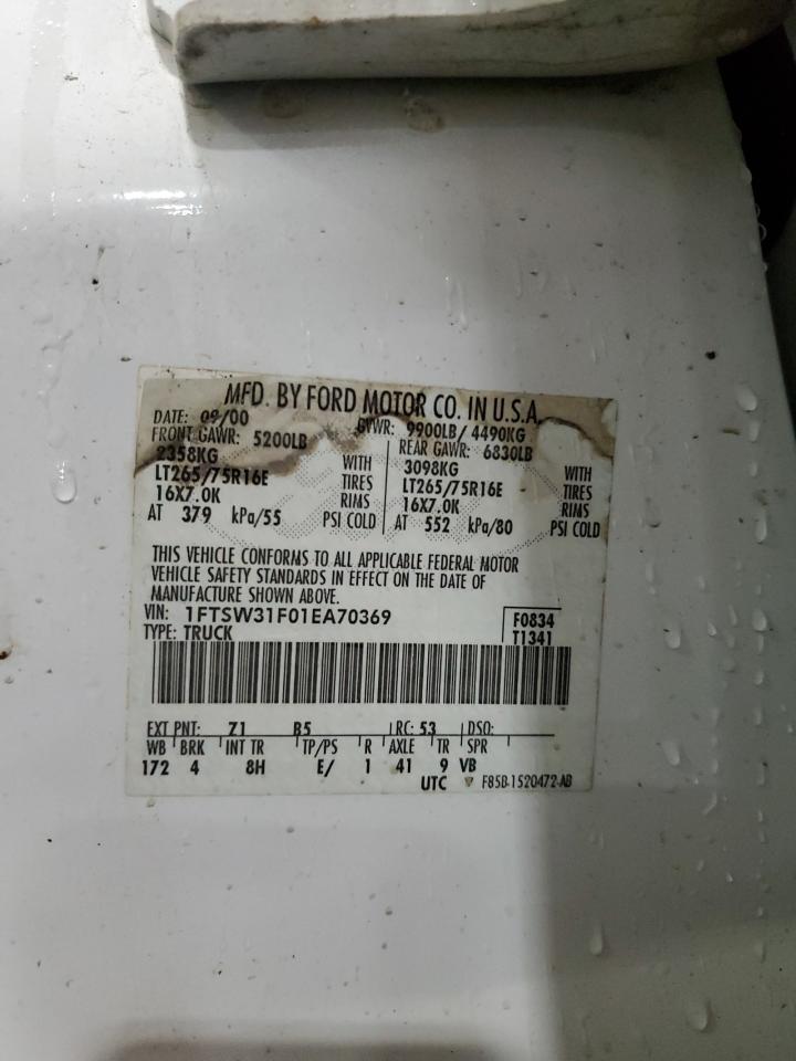 2001 Ford F350 Srw Super Duty VIN: 1FTSW31F01EA70369 Lot: 90906335