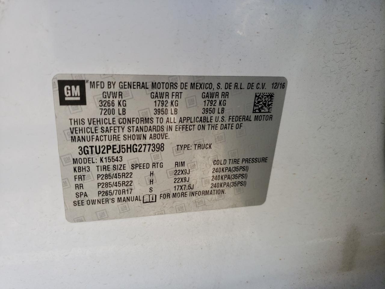 2017 GMC Sierra K1500 Denali VIN: 3GTU2PEJ5HG277398 Lot: 92075445