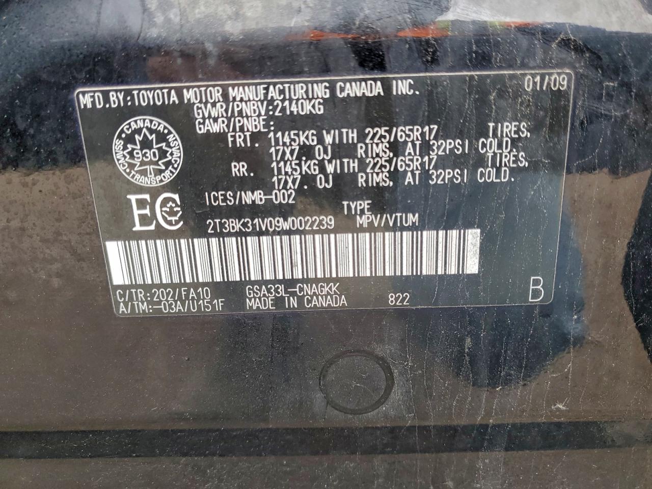 2009 Toyota Rav4 Limited VIN: 2T3BK31V09W002239 Lot: 89549065