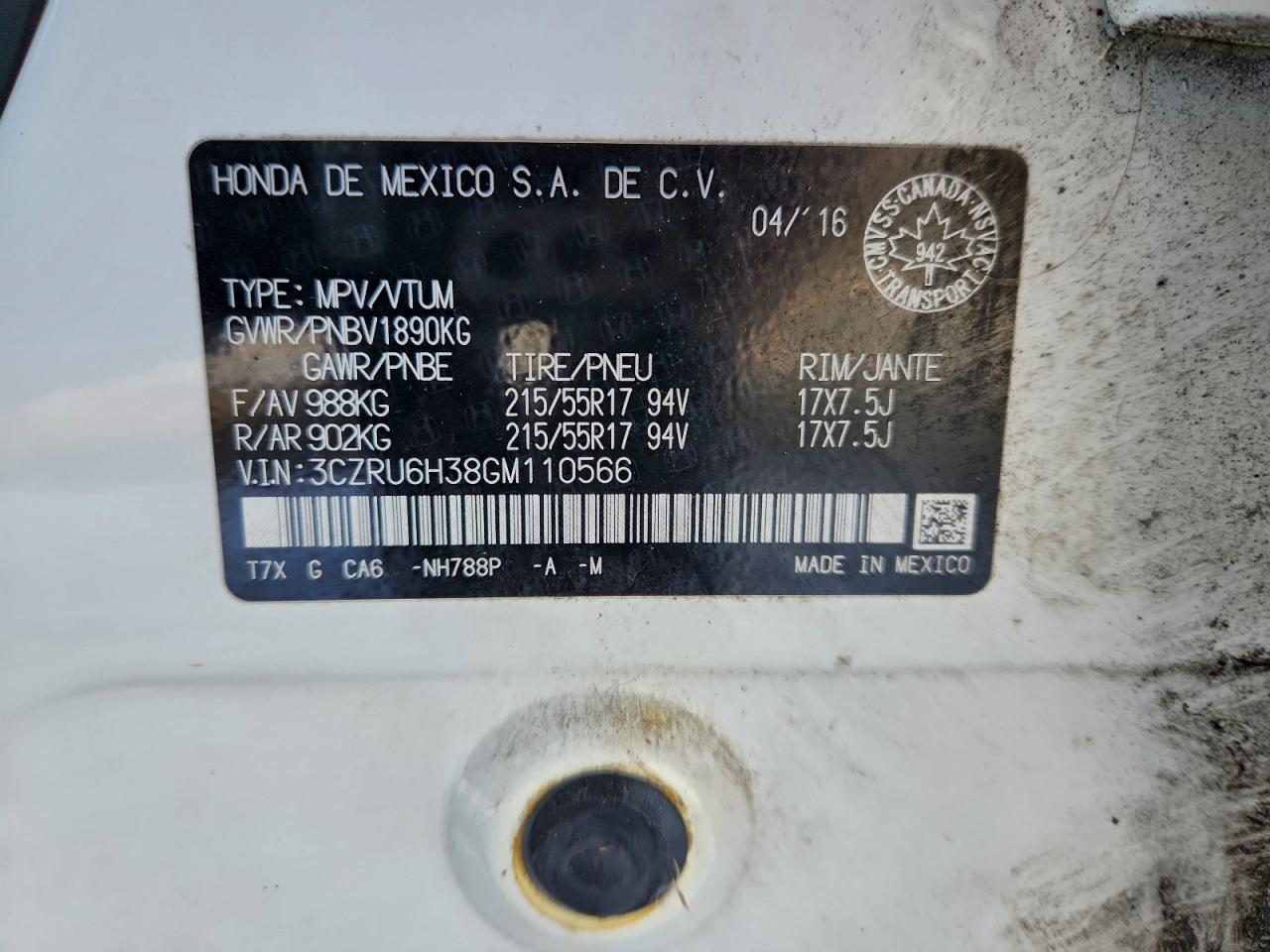 2016 Honda Hr-V Lx VIN: 3CZRU6H38GM110566 Lot: 93271715