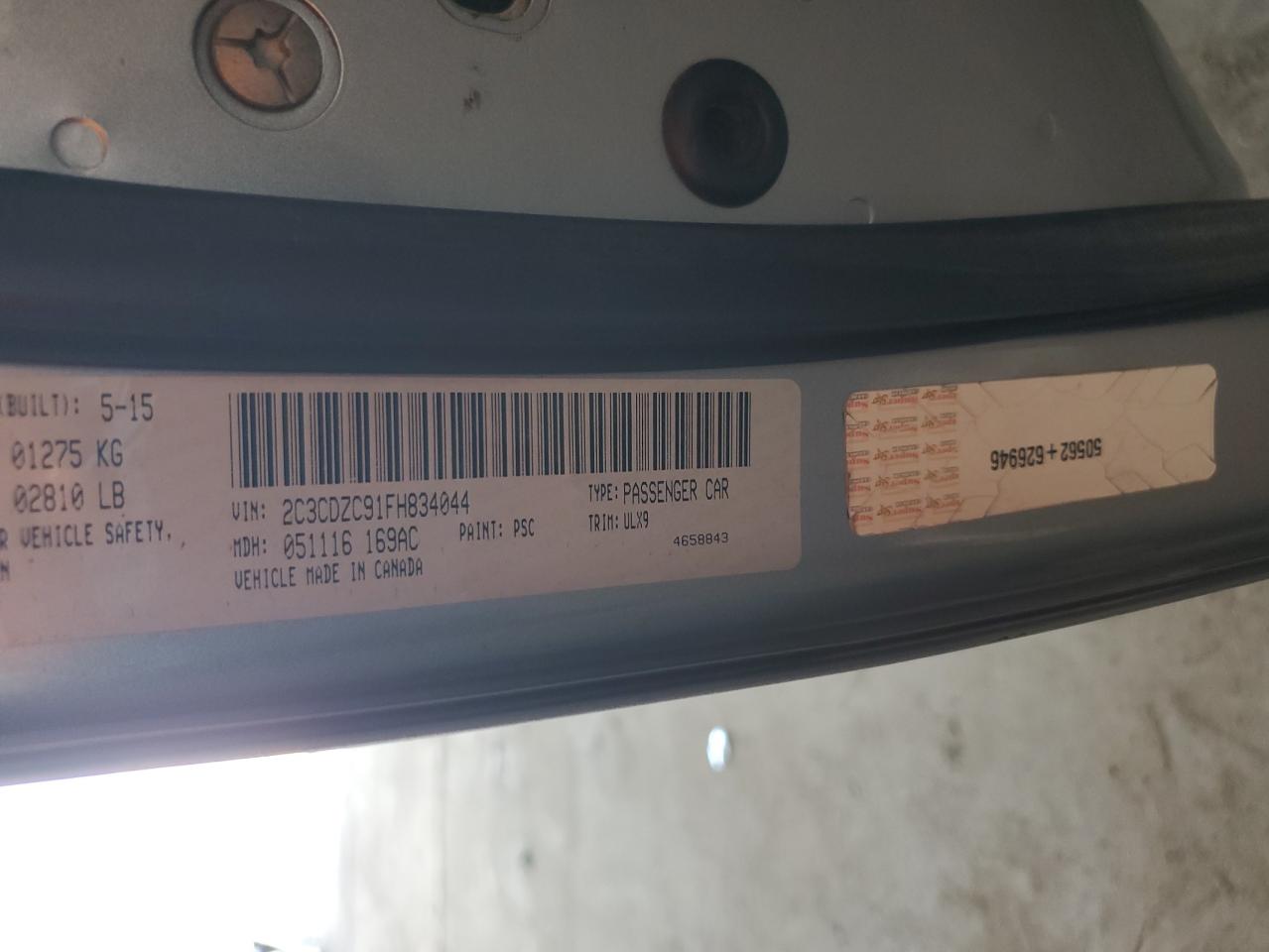 2015 Dodge Challenger Srt Hellcat VIN: 2C3CDZC91FH834044 Lot: 92565605