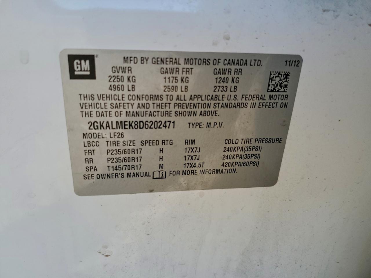 2013 GMC Terrain Sle VIN: 2GKALMEK8D6202471 Lot: 94243635