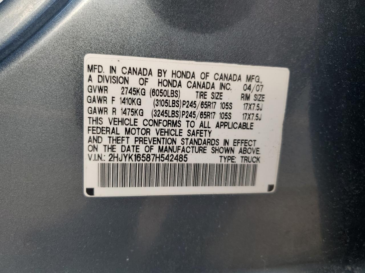 2007 Honda Ridgeline Rtl VIN: 2HJYK16587H542485 Lot: 93156105