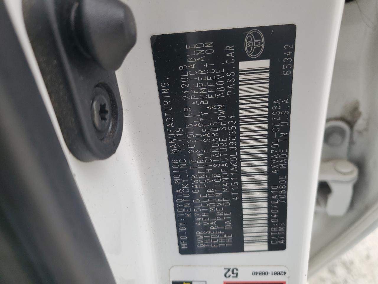 2020 Toyota Camry Se VIN: 4T1G11AK0LU903534 Lot: 93351495