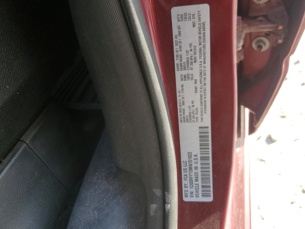 2021 Ram 1500 Big Horn/Lone Star VIN: 1C6SRFFT0MN701933 Lot: 90935645