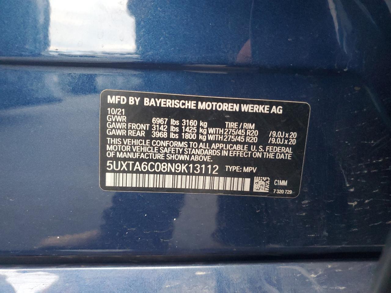 2022 BMW X5 xDrive45E VIN: 5UXTA6C08N9K13112 Lot: 92267585