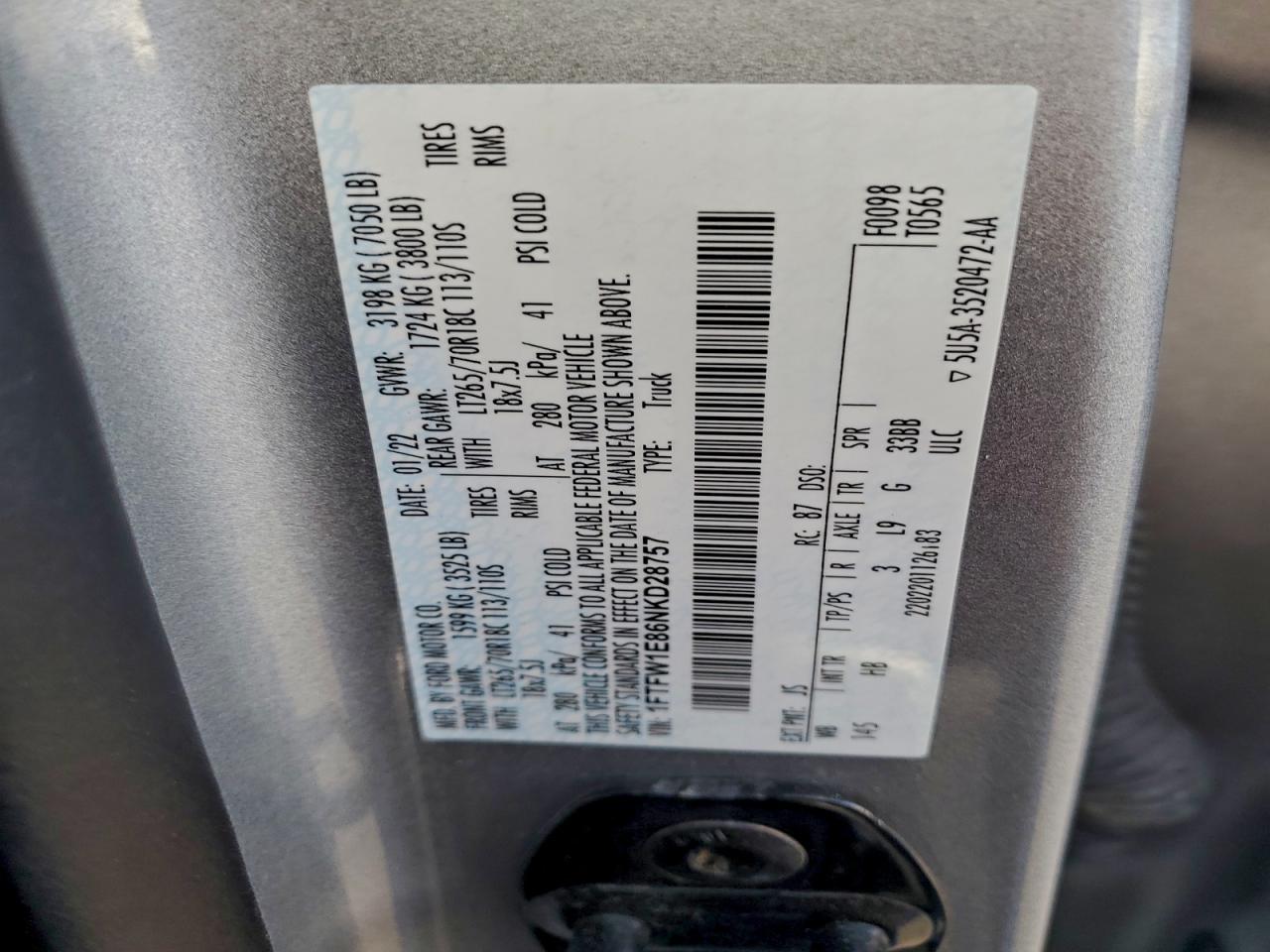 2022 Ford F150 Supercrew VIN: 1FTFW1E86NKD28757 Lot: 92932775