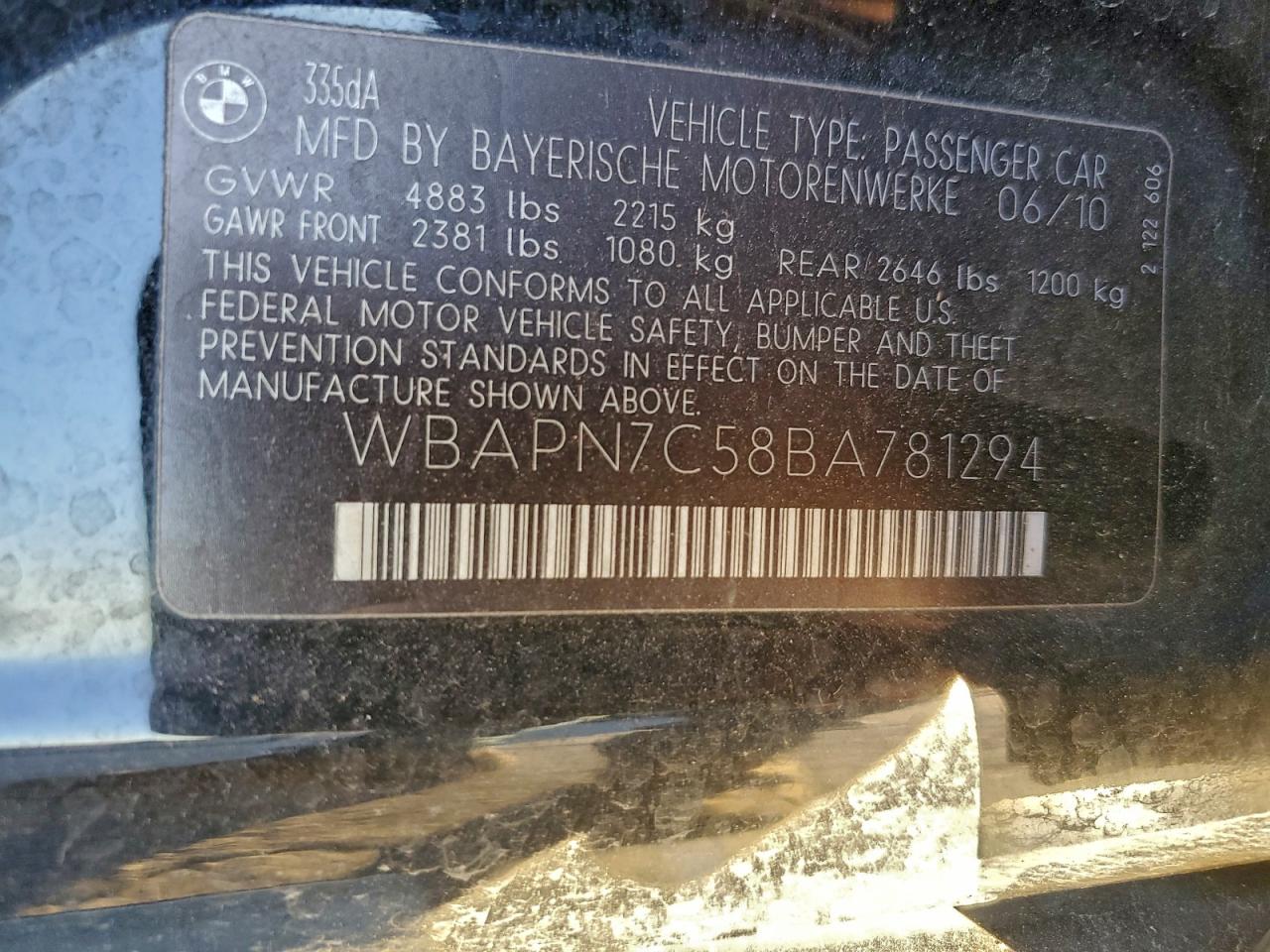 2011 BMW 335 D VIN: WBAPN7C58BA781294 Lot: 94895735