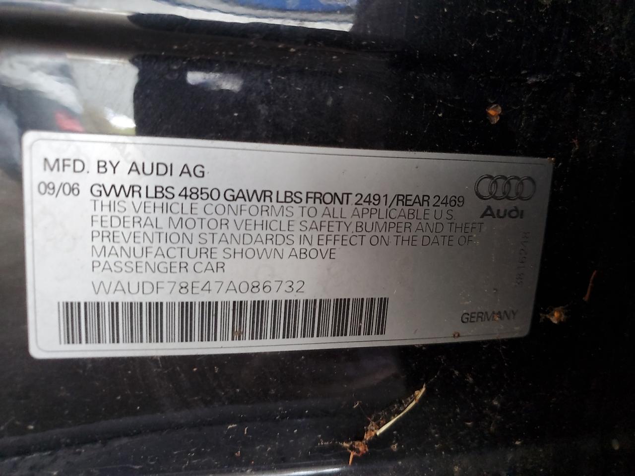 2007 Audi A4 2.0T Quattro VIN: WAUDF78E47A086732 Lot: 93451775