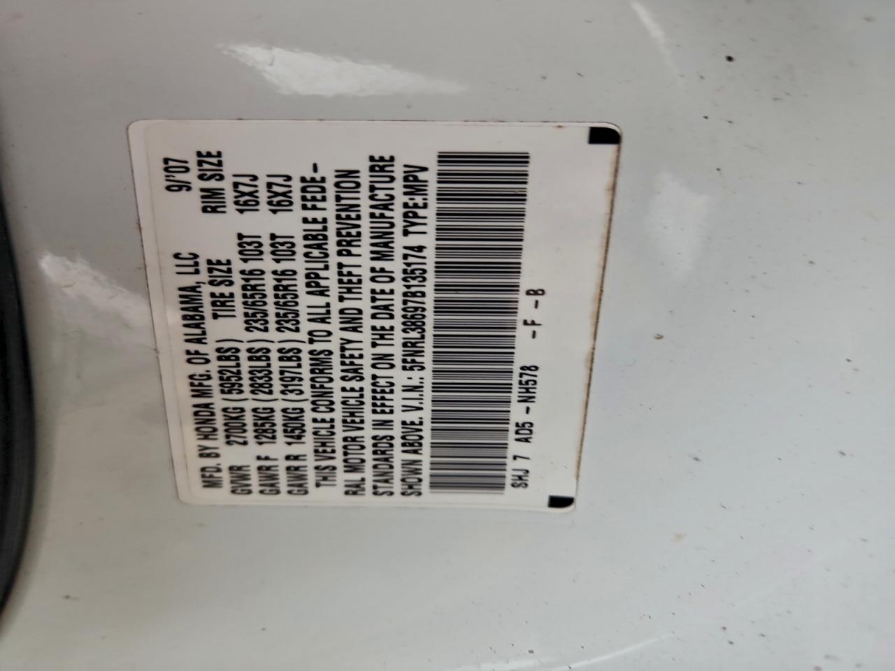 2007 Honda Odyssey Exl VIN: 5FNRL38697B135174 Lot: 93284655