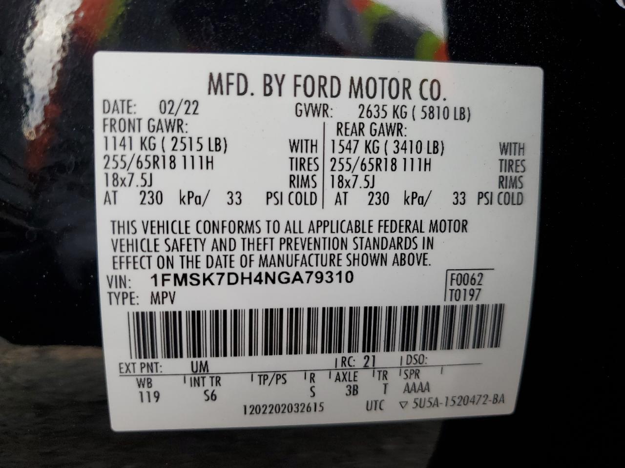 2022 Ford Explorer Xlt VIN: 1FMSK7DH4NGA79310 Lot: 92319345