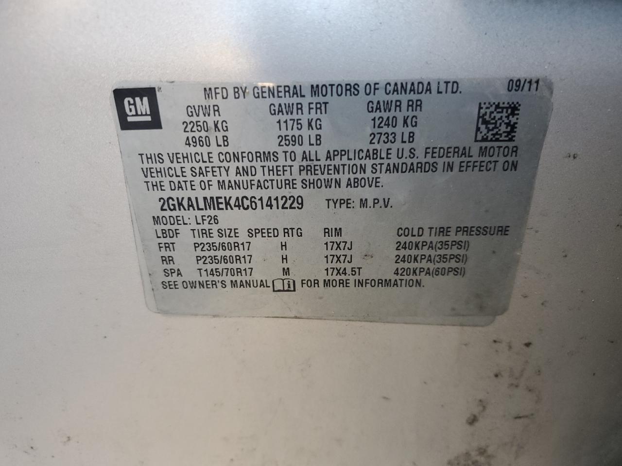 2012 GMC Terrain Sle VIN: 2GKALMEK4C6141229 Lot: 91620505