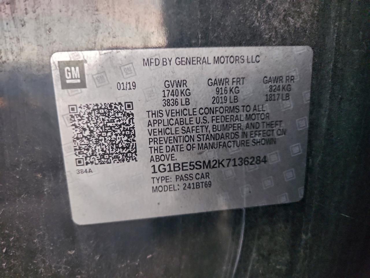 2019 Chevrolet Cruze Lt VIN: 1G1BE5SM2K7136284 Lot: 94497375