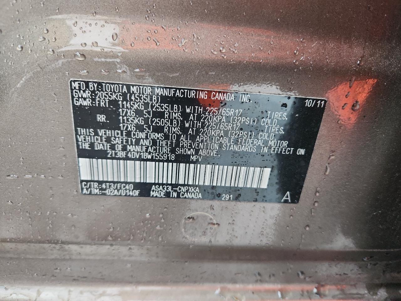 2011 Toyota Rav4 VIN: 2T3BF4DV1BW155918 Lot: 92052155