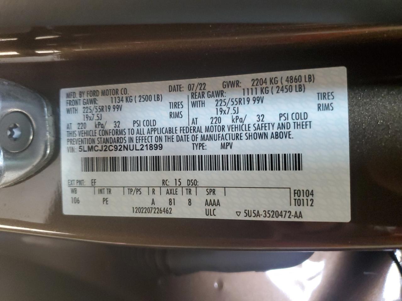 2022 Lincoln Corsair Reserve VIN: 5LMCJ2C92NUL21899 Lot: 92485345