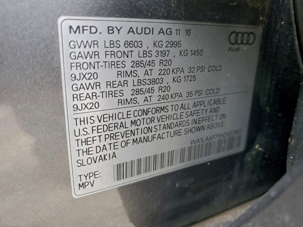 2017 Audi Q7 Premium Plus VIN: WA1LAAF71HD037903 Lot: 94652845