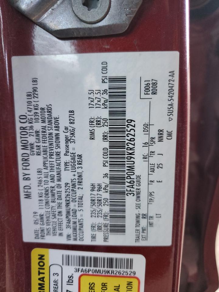 2019 Ford Fusion Sel VIN: 3FA6P0MU9KR262529 Lot: 92167075