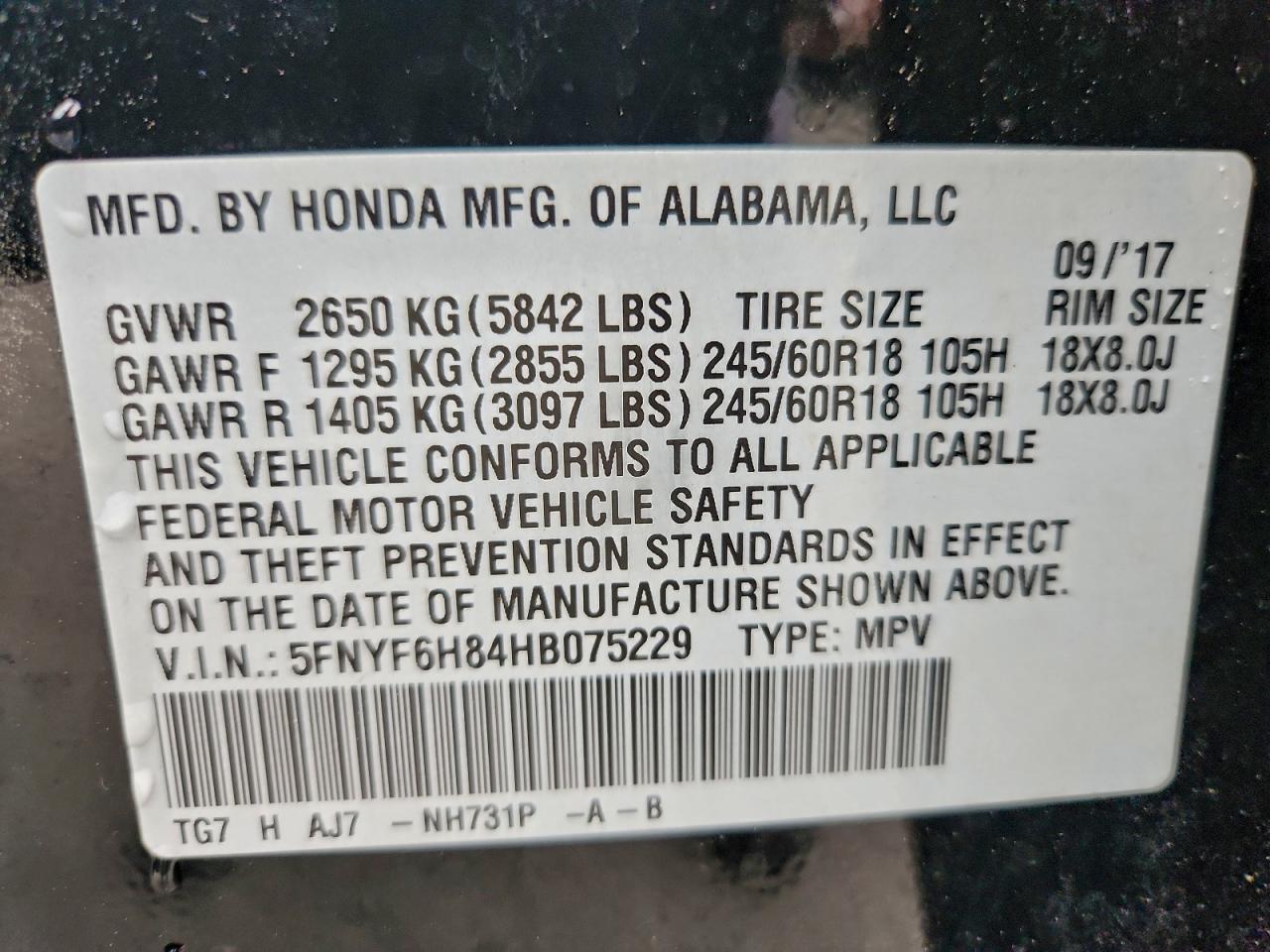 2017 Honda Pilot Exl VIN: 5FNYF6H84HB075229 Lot: 93315765