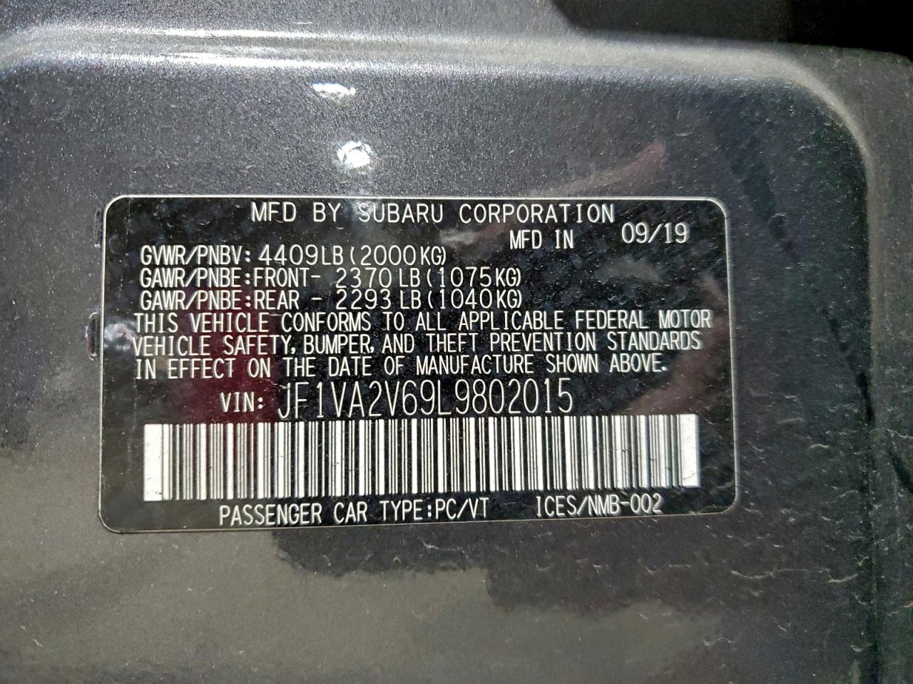 2020 Subaru Wrx Sti Limited VIN: JF1VA2V69L9802015 Lot: 93668975