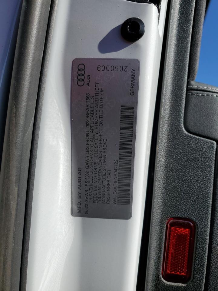 2022 Audi S4 Prestige VIN: WAUC4AF45NA047122 Lot: 92029765