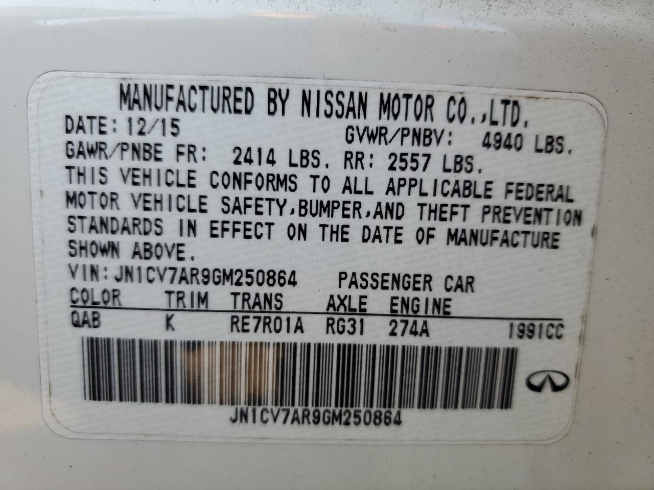 2016 Infiniti Q50 Base VIN: JN1CV7AR9GM250864 Lot: 91617595