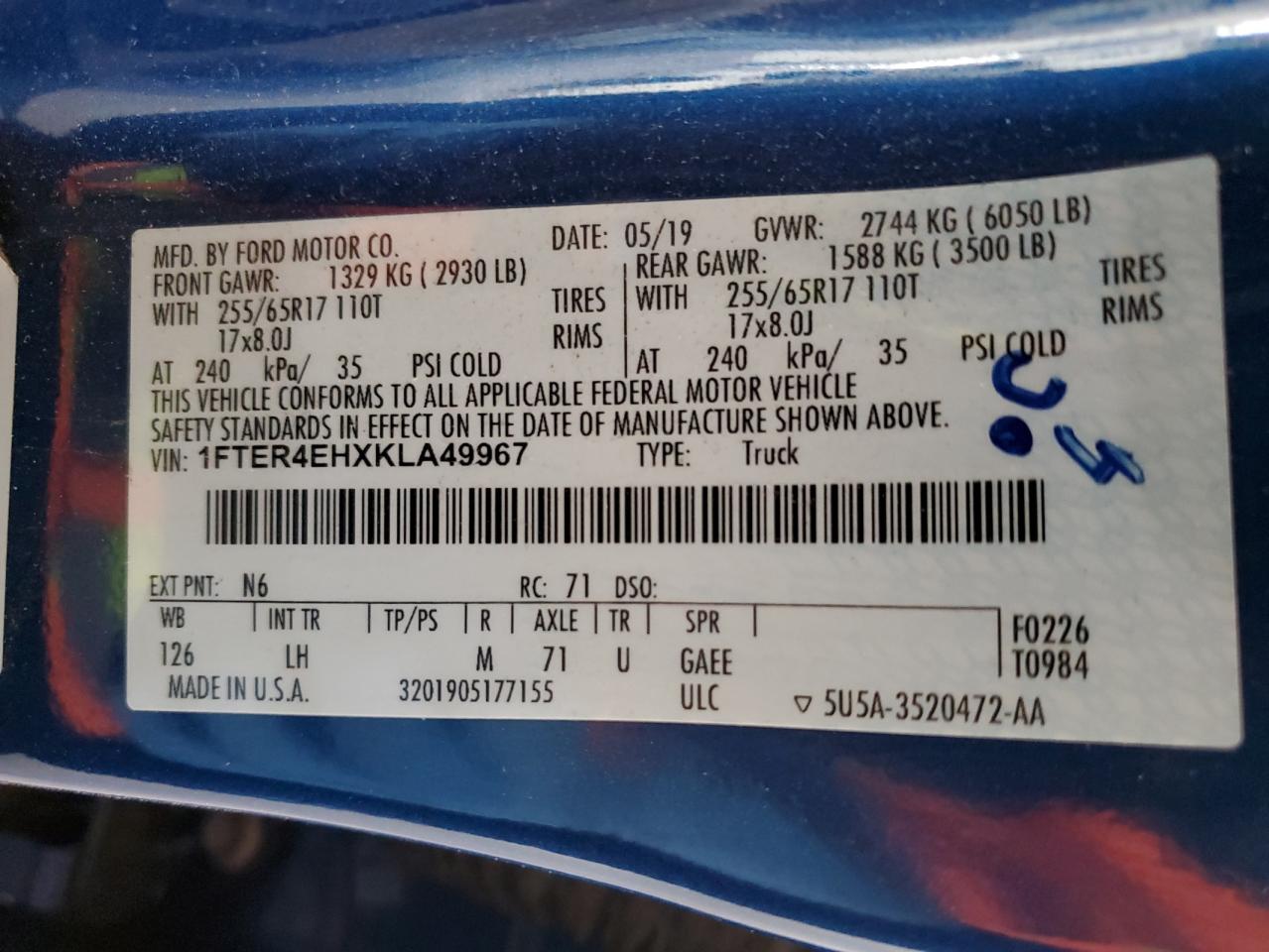 2019 Ford Ranger Xl VIN: 1FTER4EHXKLA49967 Lot: 91709145