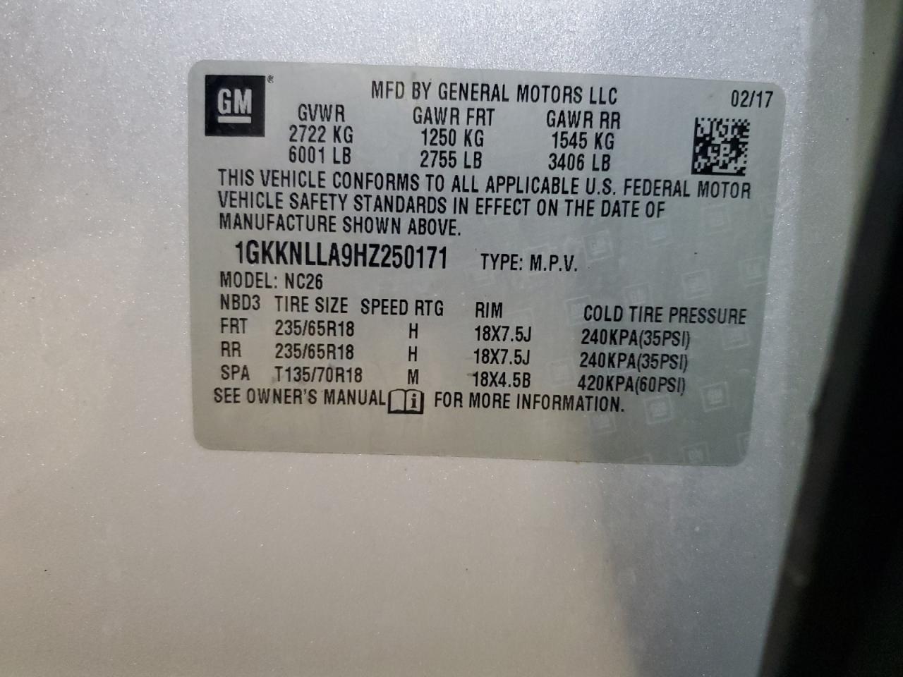 2017 GMC Acadia Sle VIN: 1GKKNLLA9HZ250171 Lot: 91875425