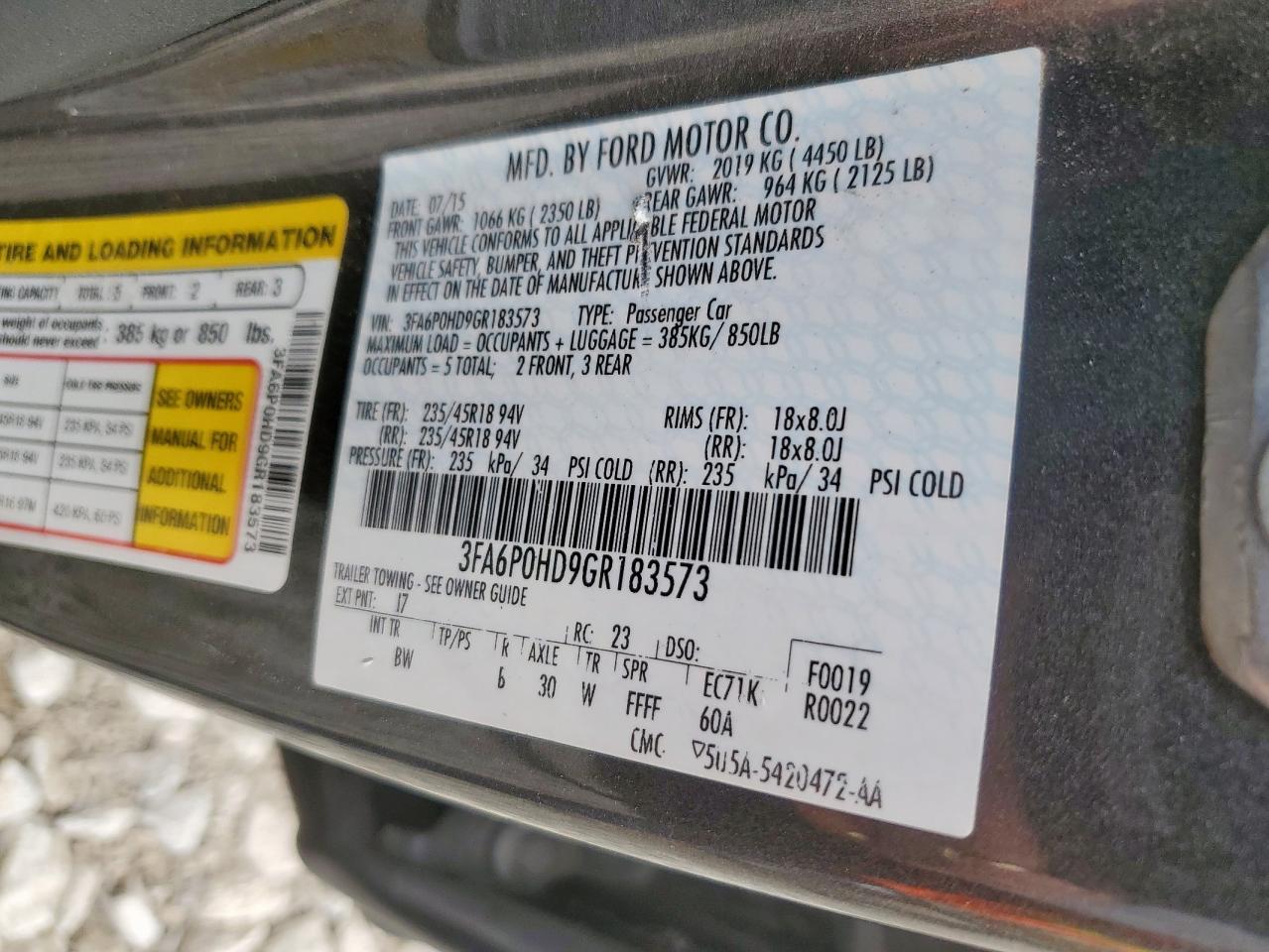 2016 Ford Fusion Se VIN: 3FA6P0HD9GR183573 Lot: 92506235