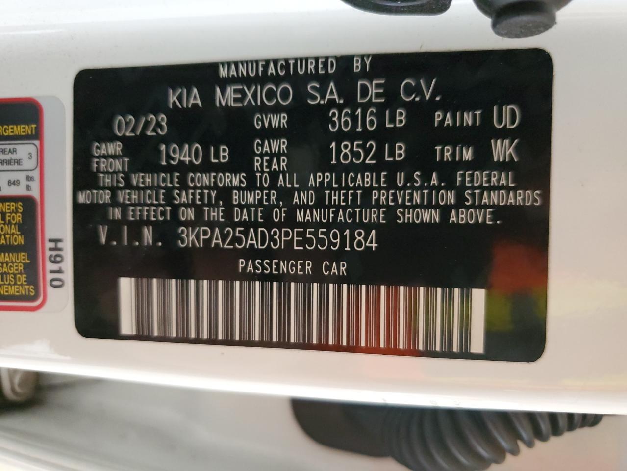 2023 Kia Rio S VIN: 3KPA25AD3PE559184 Lot: 90866625