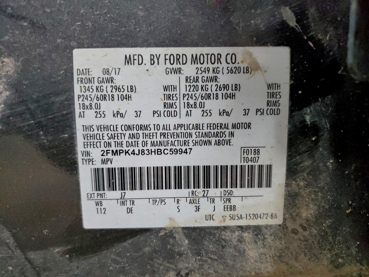 2017 Ford Edge Sel VIN: 2FMPK4J83HBC59947 Lot: 94156315