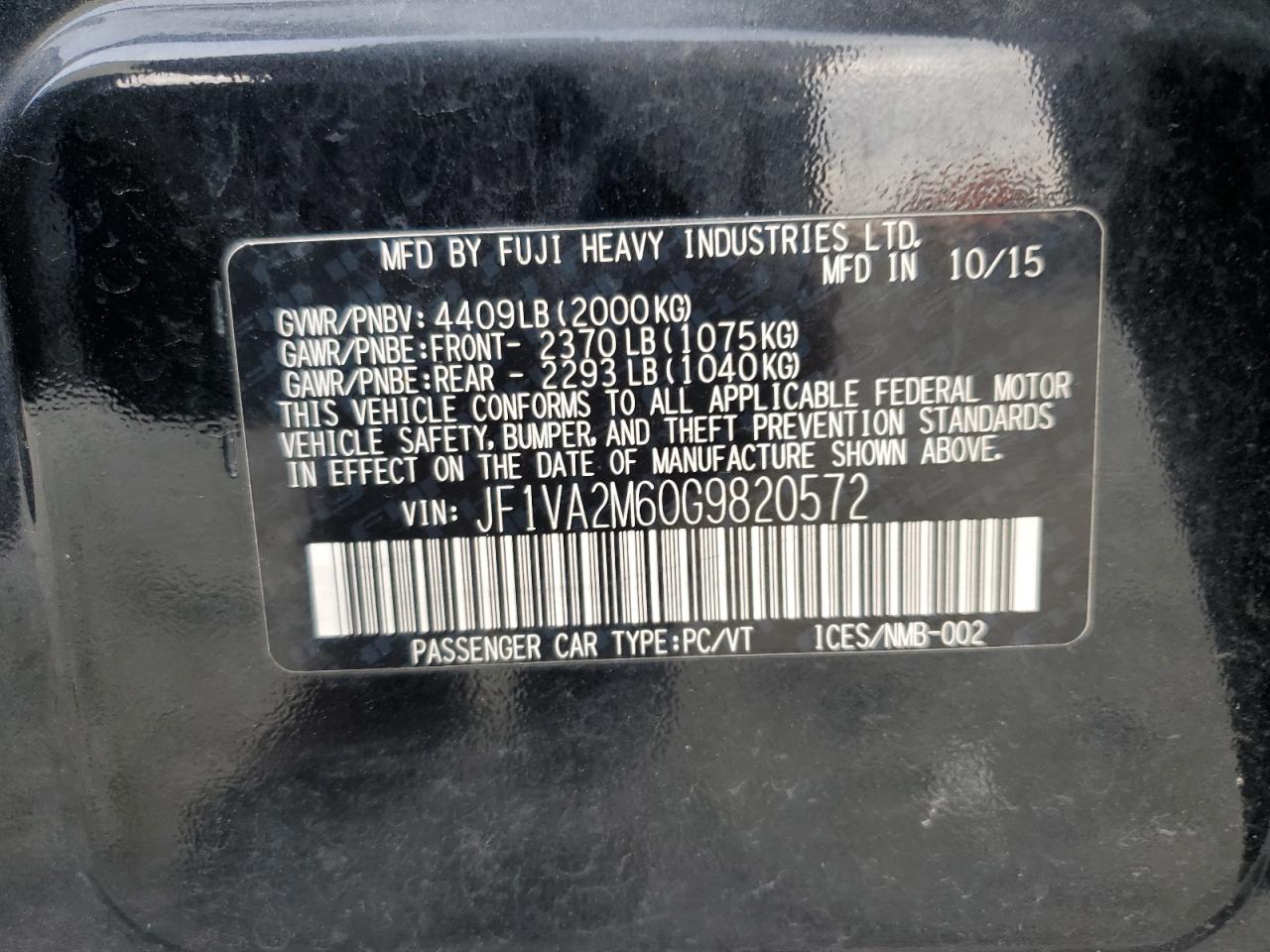 2016 Subaru Wrx Sti VIN: JF1VA2M60G9820572 Lot: 92919685