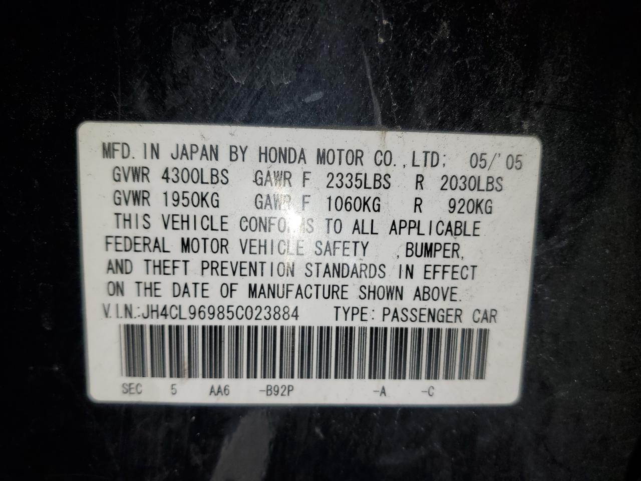 2005 Acura Tsx VIN: JH4CL96985C023884 Lot: 92978435