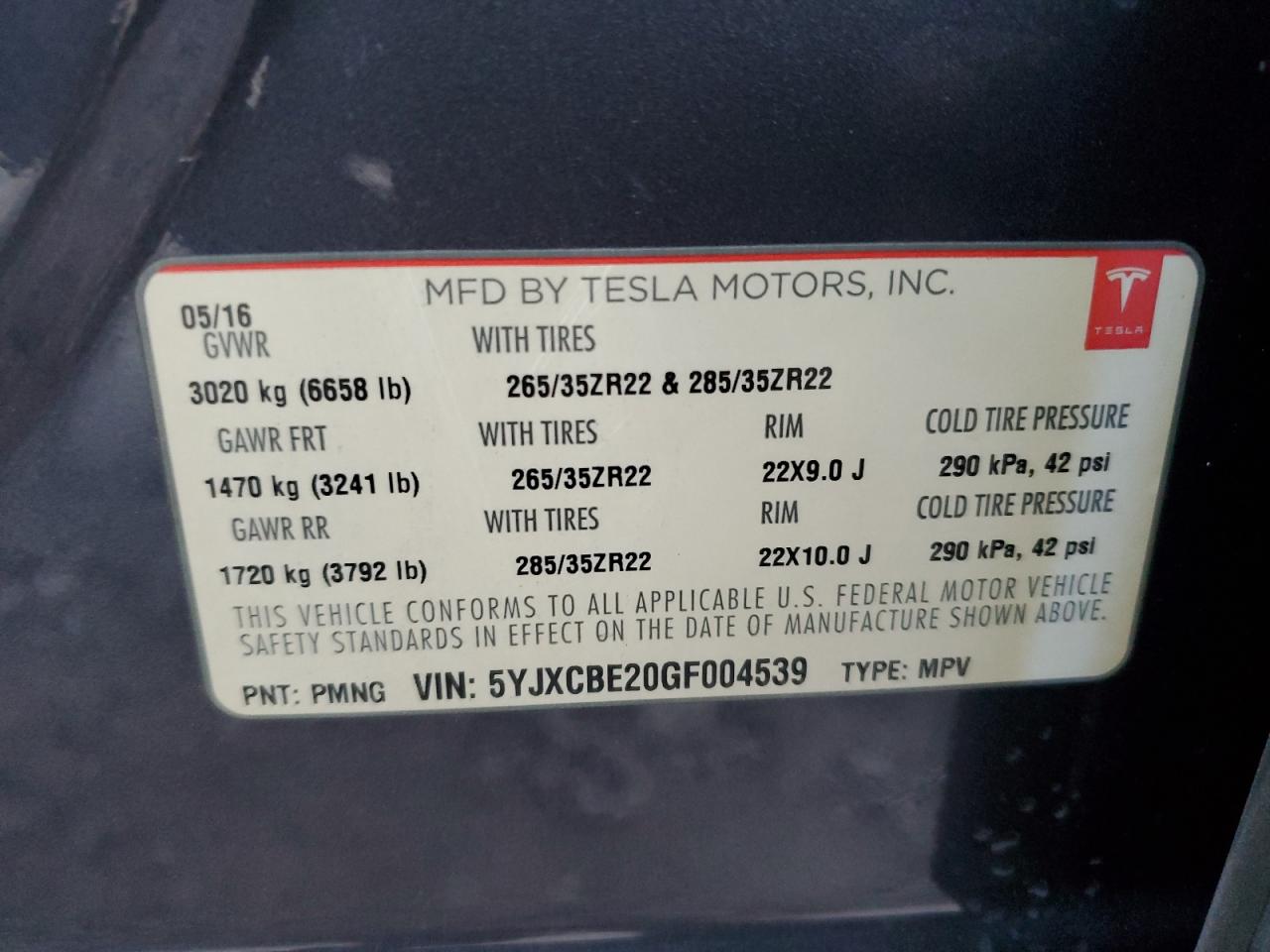 2016 Tesla Model X VIN: 5YJXCBE20GF004539 Lot: 92987685