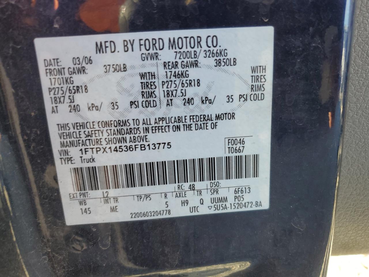 2006 Ford F150 VIN: 1FTPX14536FB13775 Lot: 93440525