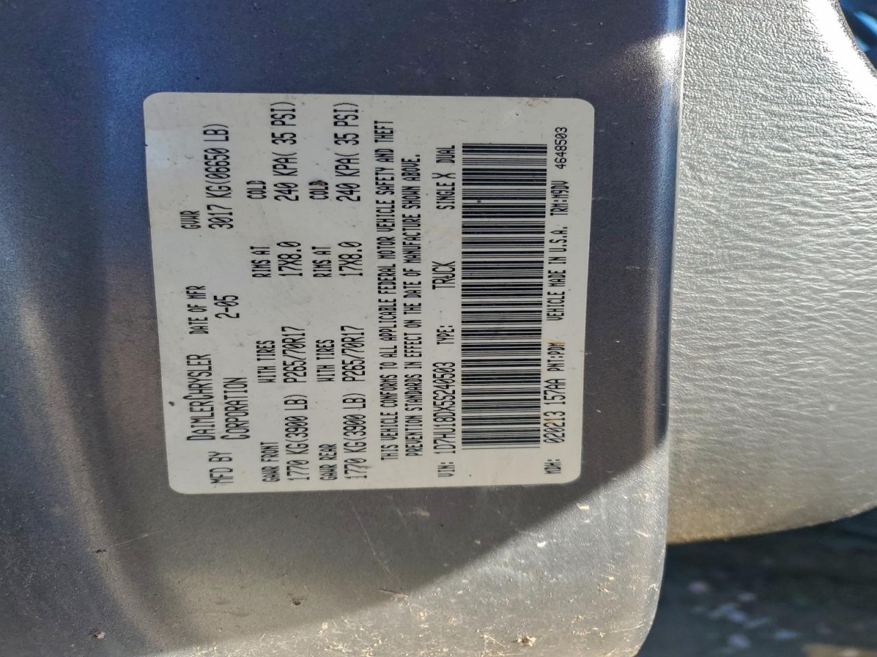 2005 Dodge Ram 1500 St VIN: 1D7HU18DX5S240503 Lot: 92953175