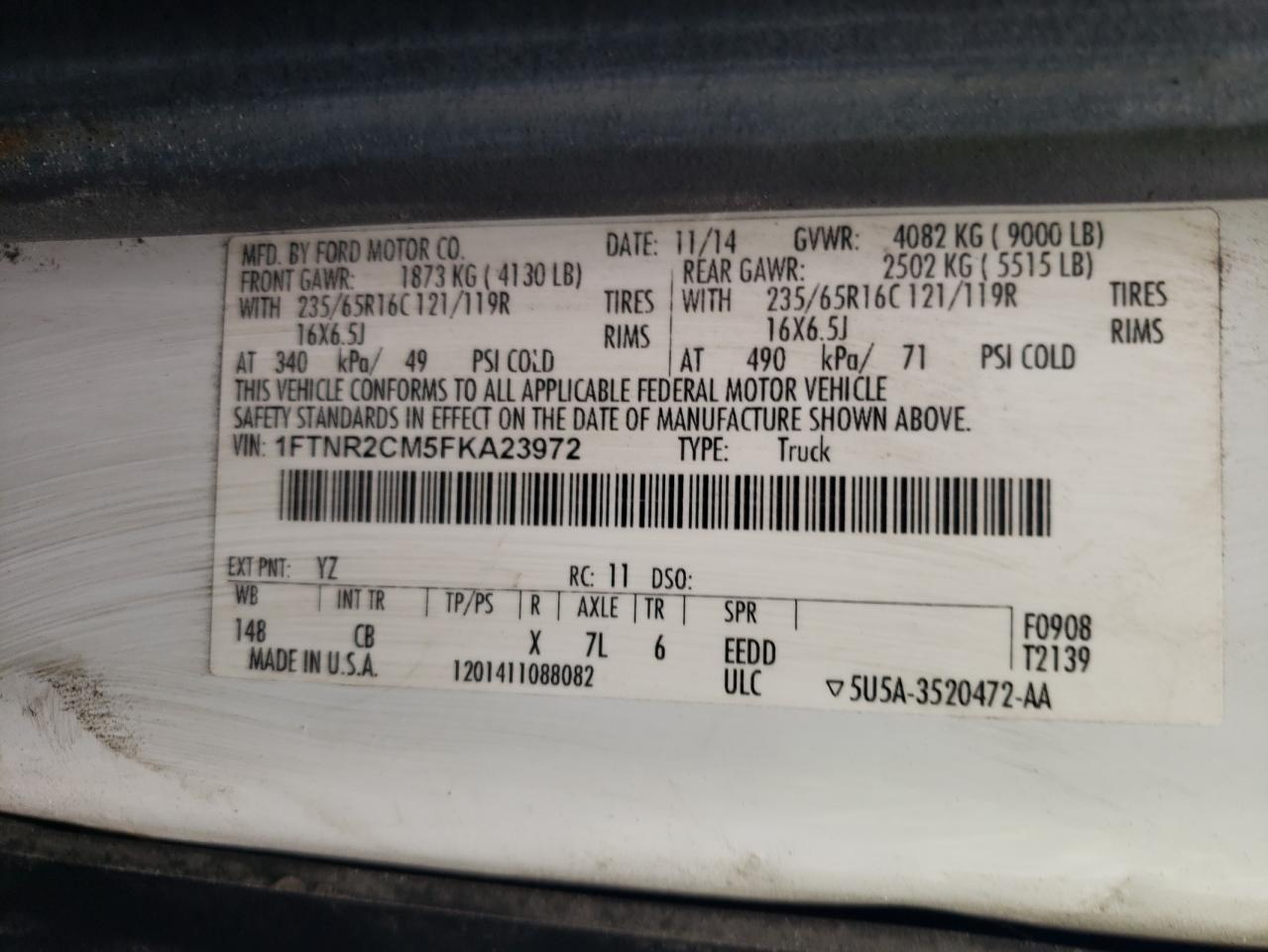 2015 Ford Transit T-250 VIN: 1FTNR2CM5FKA23972 Lot: 94840635