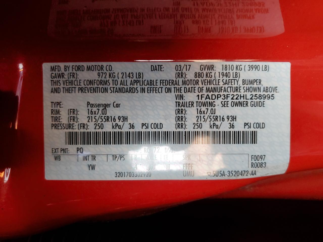 2017 Ford Focus Se VIN: 1FADP3F22HL258995 Lot: 92516195