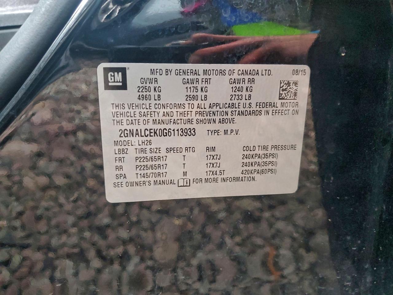 2016 Chevrolet Equinox Lt VIN: 2GNALCEK0G6113933 Lot: 94101525