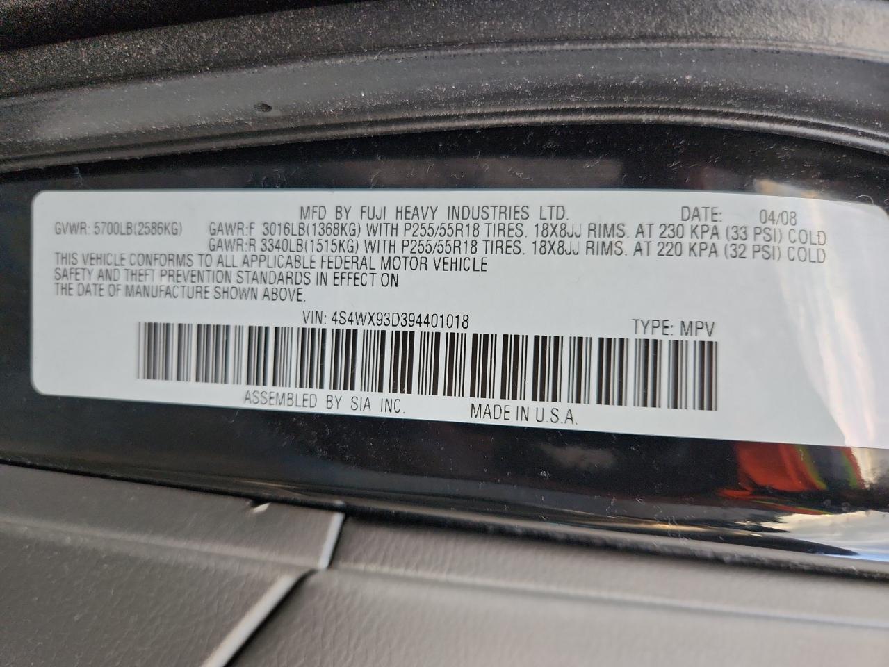 2009 Subaru Tribeca Limited VIN: 4S4WX93D394401018 Lot: 92490185