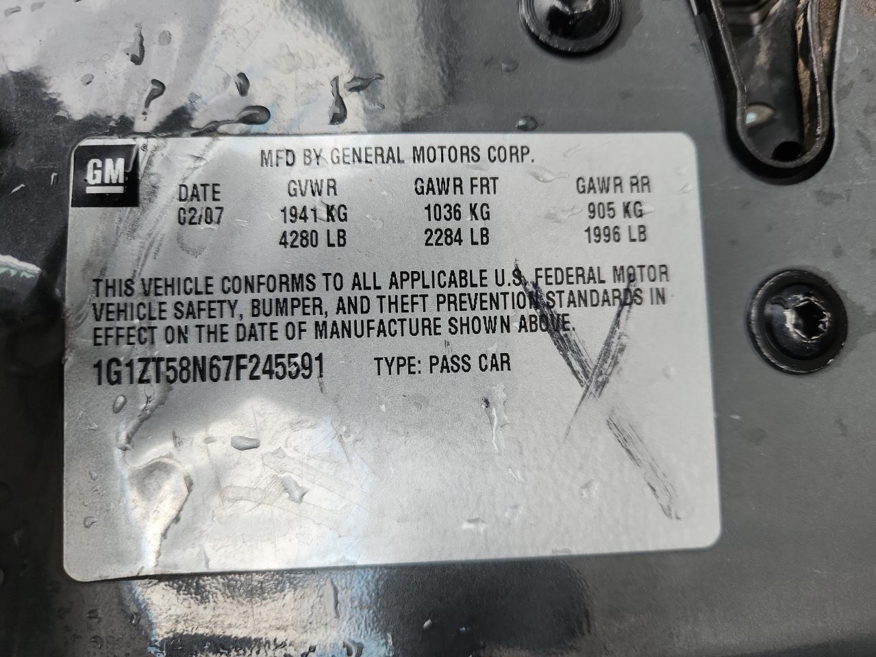 2007 Chevrolet Malibu Lt VIN: 1G1ZT58N67F245591 Lot: 91695525